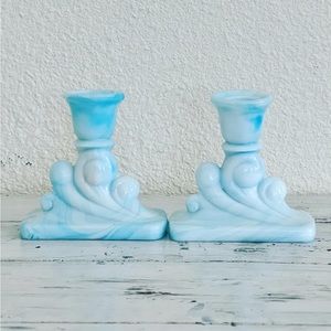 Two Vintage Akro Agate Blue Swirl Depression Glass Candlesticks Holders Art Deco